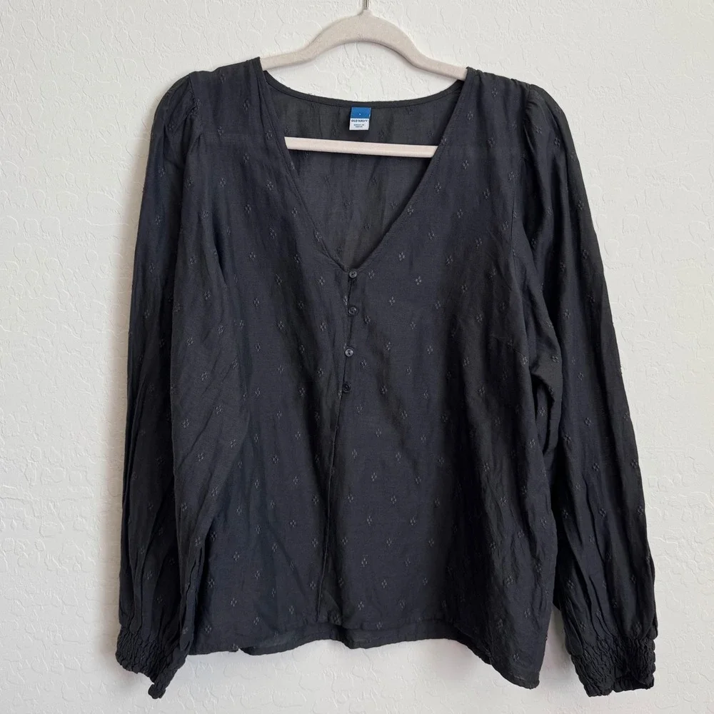 Old Navy Black Clip Dot Blouse Smocked Cuff L NWT Cottagecore Boho‎ Preppy